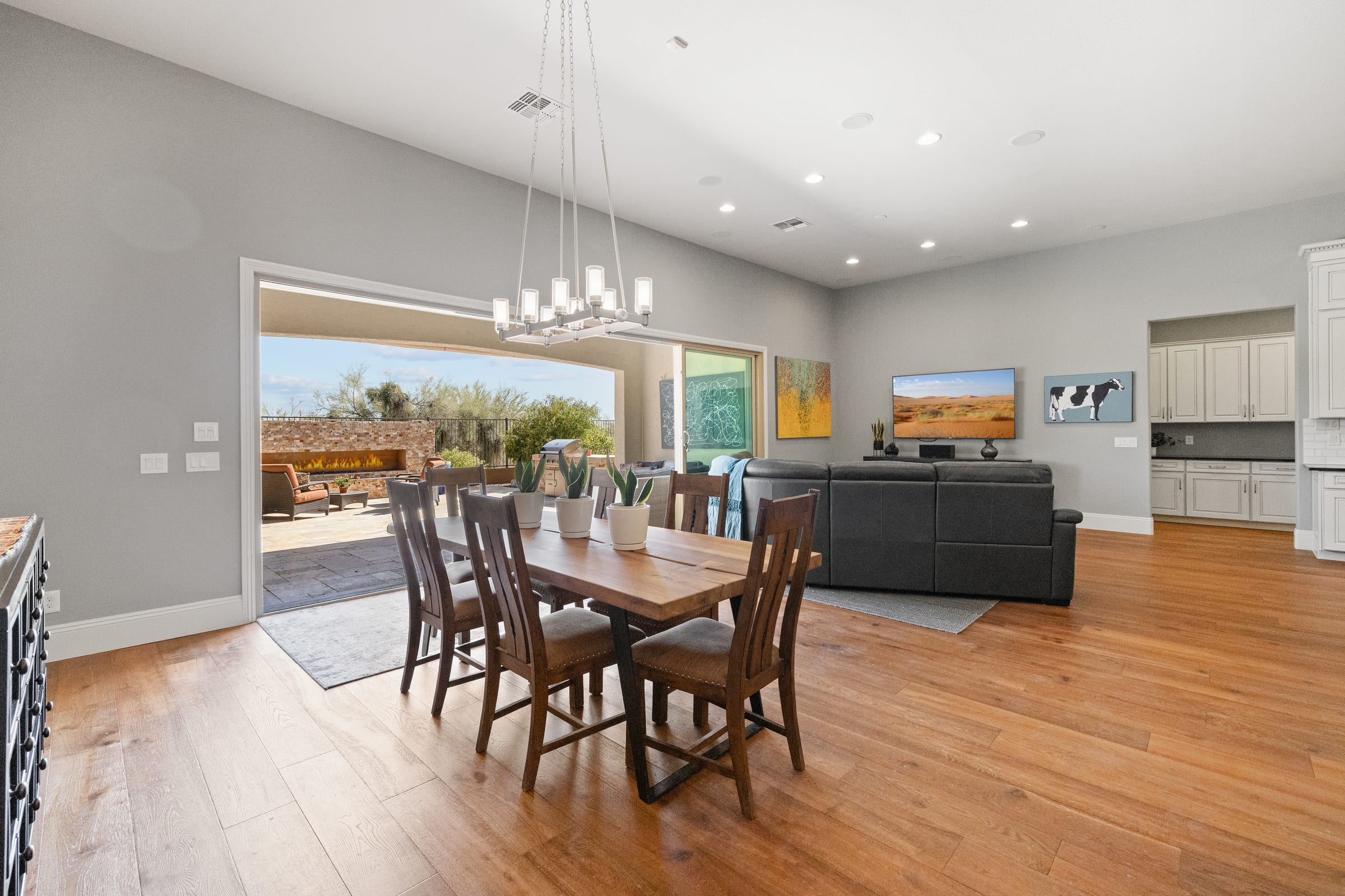 Open-plan dining room staged for market